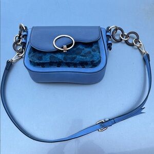 Blue Leopard-Accent Crossbody Bag with Silver Ring Detail